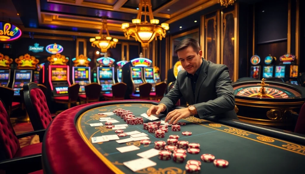 Experience the thrill of ee88e gaming with luxurious casino tables, vibrant poker chips, and slot machines.