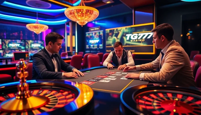 Players enjoying a high-stakes game at TG777 online casino with vibrant ambiance and luxury.