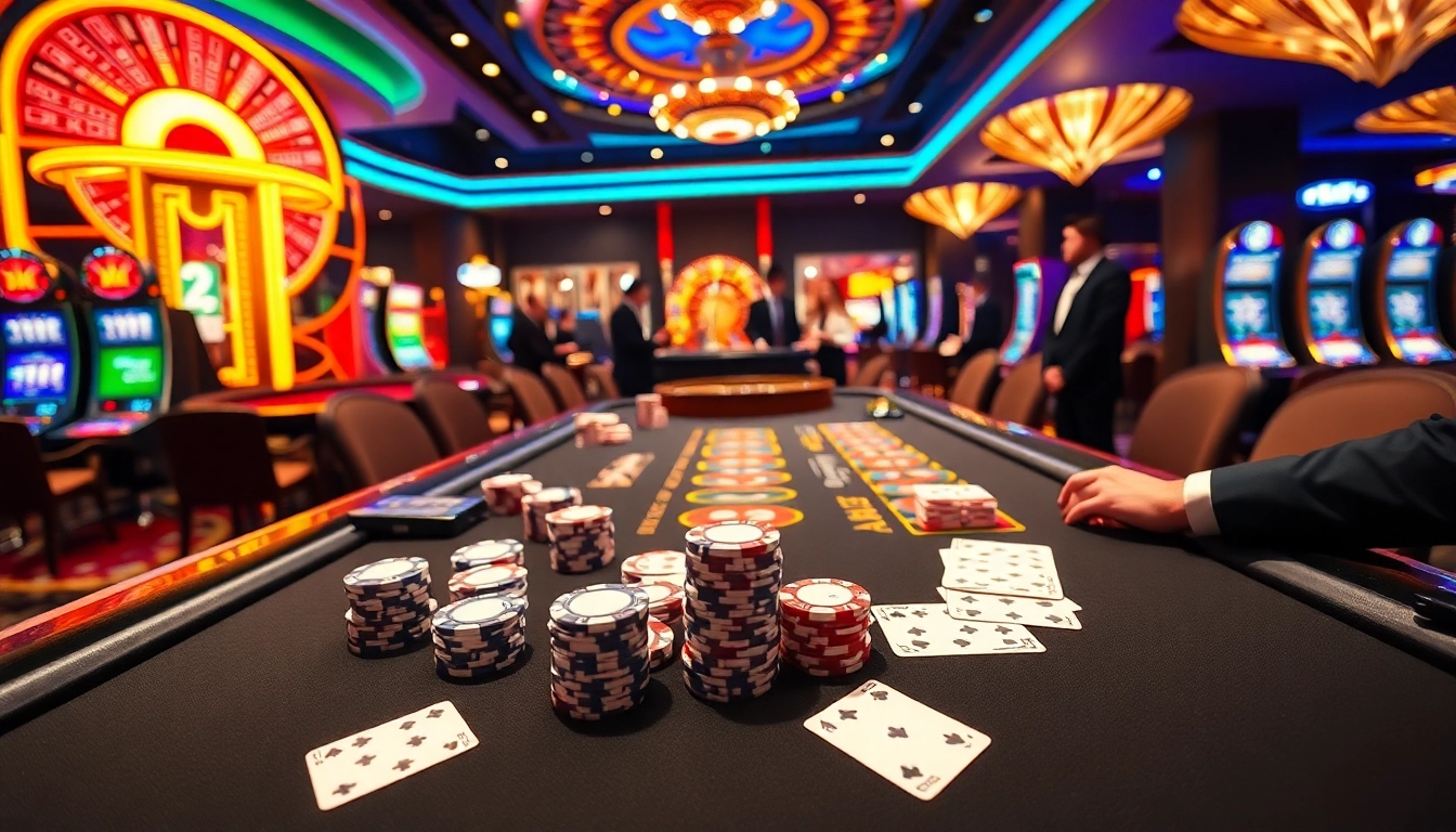 Experience the thrill of lc88 at a luxurious casino table filled with poker chips and vibrant gameplay.