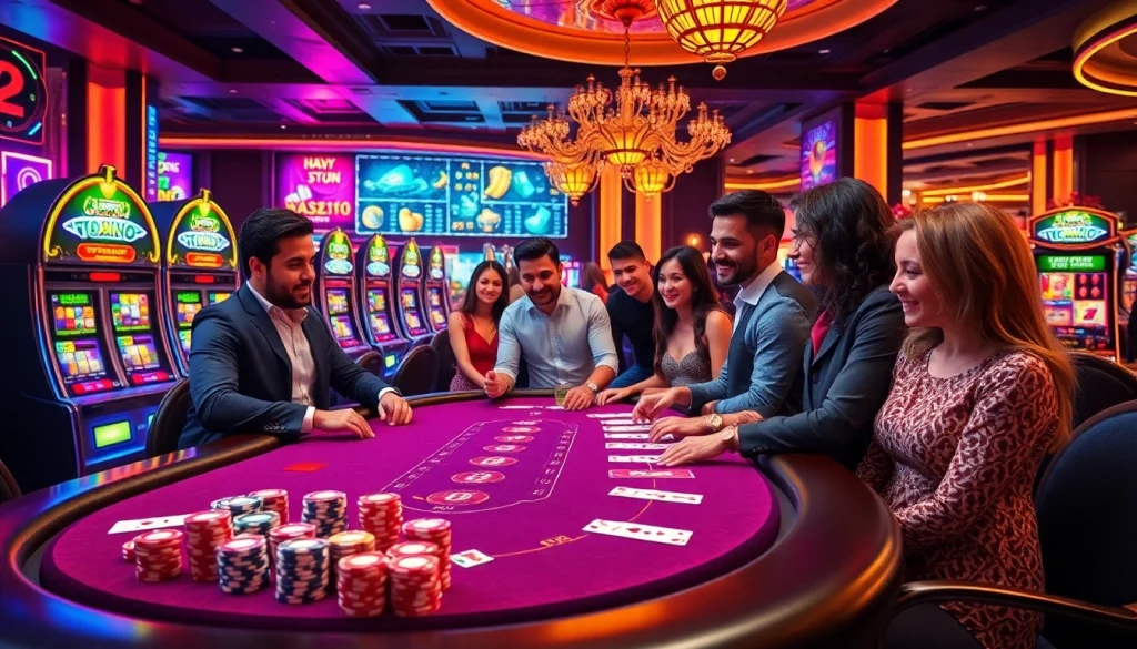 Alo789 players engaging at a vibrant casino table with poker chips and cards, showcasing excitement and professionalism.