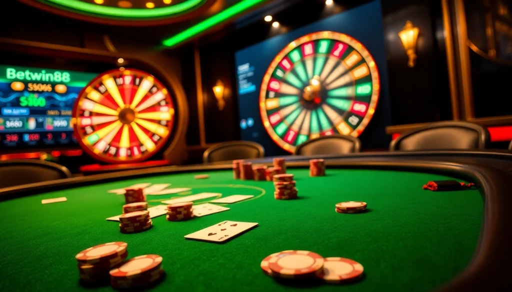 Experience the thrill of betting at Betwin88 with an elegant poker table and vibrant casino atmosphere.