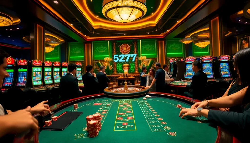 Players enjoying a luxurious blackjack experience at a casino table with 5Z777 poker chips piled high.