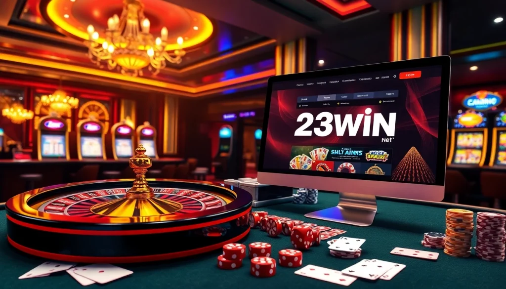 Experience excitement at 23win net with a vibrant casino scene featuring roulette, poker, and slots.
