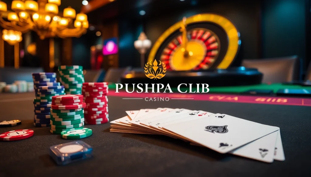 Engaging scene at Pushpa Club casino featuring poker chips, cards, and roulette.