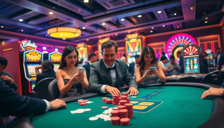 Excited players logging in to Bomwin casino, engaging with vibrant poker tables and thrilling slot machines.