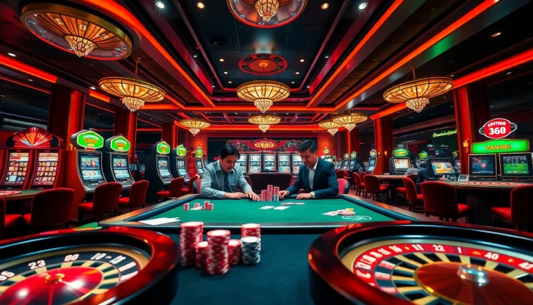 Exciting gambling scene with TR88 branding, vibrant slot machines and poker players in action.