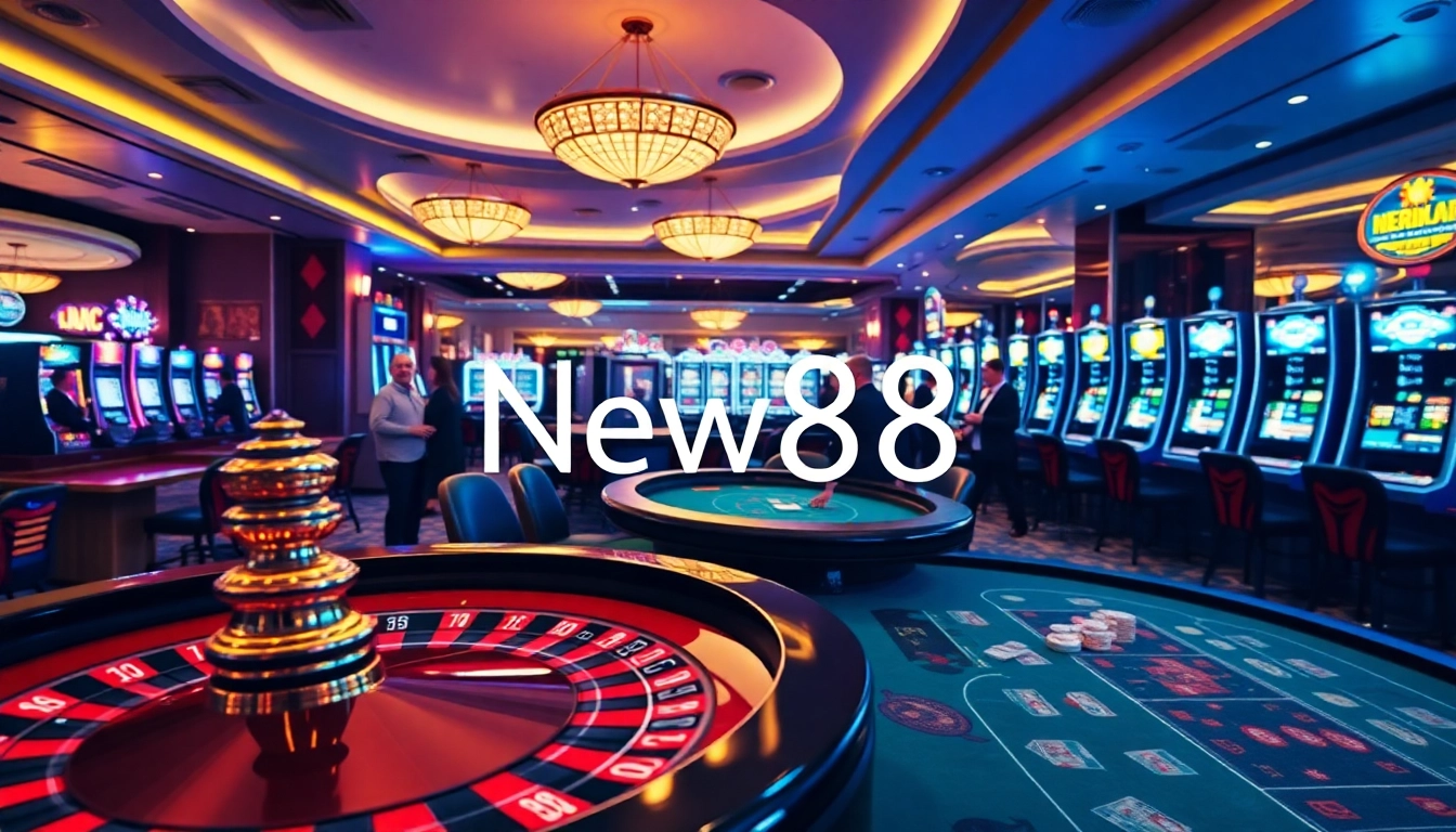 Experience the thrill of gaming at New88 with poker tables and vibrant slot machines.