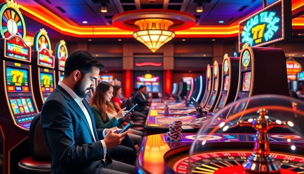 Excited players winning big at the slot machines inspired by https://www.66slots8.com/ in a luxurious casino.
