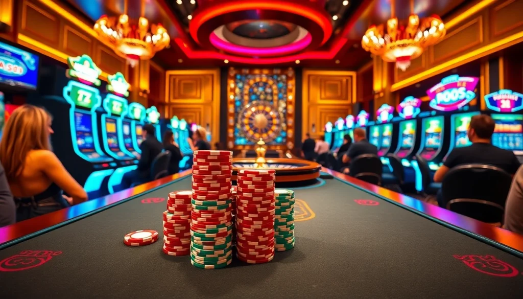 Exciting casino scene featuring king88 poker table with colorful chips and luxurious decor.