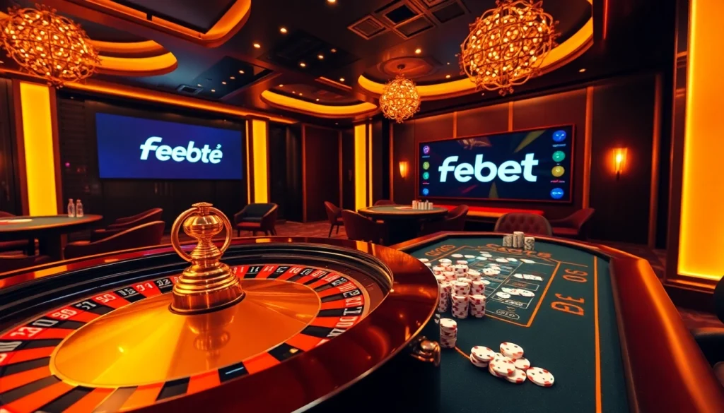 Febet casino scene with roulette, poker action, and vibrant atmosphere.