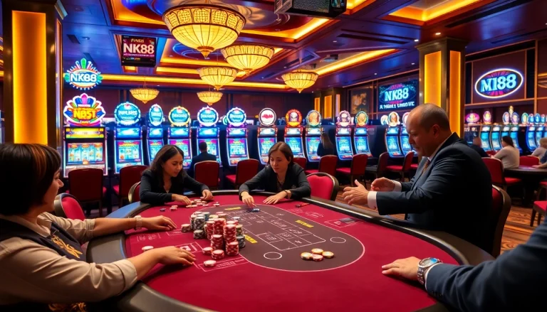 Engaging casino scene with players at NK88 poker table showcasing excitement and luxury.
