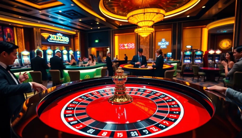 Gambling excitement at a luxurious casino featuring the XX88 roulette table and high-stakes players.
