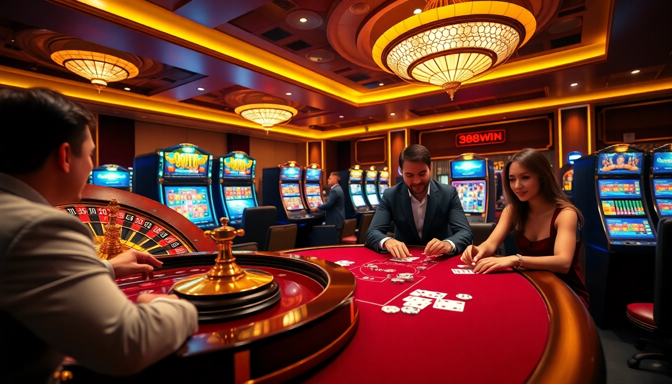 Engaging gamblers at 98Win's vibrant online casino interface with luxury ambience.