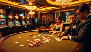 Engage in thrilling gameplay at https://sx88.site/ with a vibrant casino scene featuring poker and slot machines.