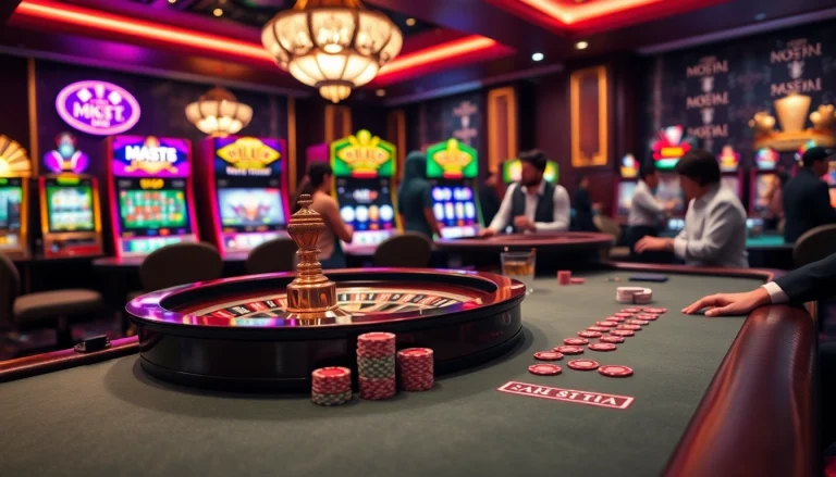 Players enjoying a game at the MK8thai casino table surrounded by vibrant slots and luxurious decor.