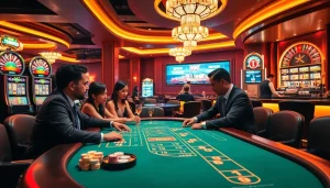 Engage with the hm88 tải app at a vibrant casino scene showcasing poker and slot machines.