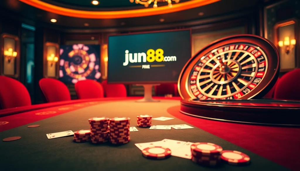 Experience the excitement of gaming at jun88 com with poker chips and cards on a luxurious casino table.
