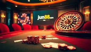 Experience the excitement of gaming at jun88 com with poker chips and cards on a luxurious casino table.