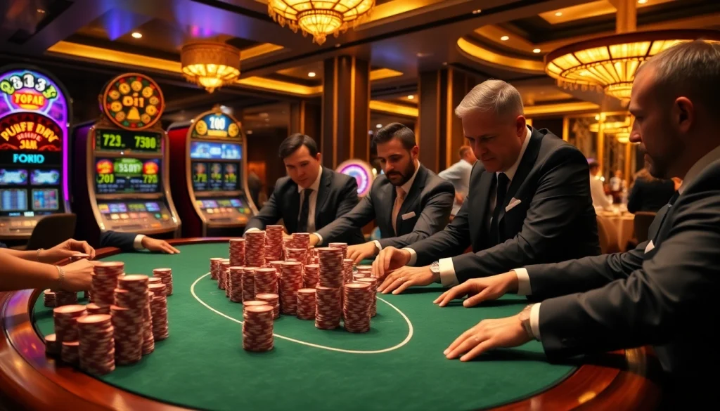 Gambling excitement at a nohu90 poker table with players engaged in high stakes.