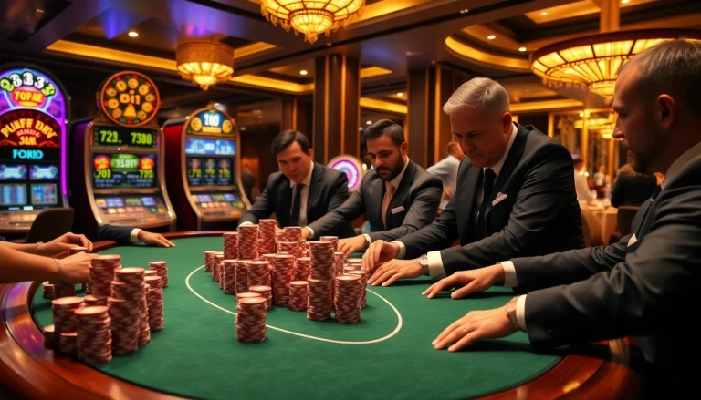 Gambling excitement at a nohu90 poker table with players engaged in high stakes.