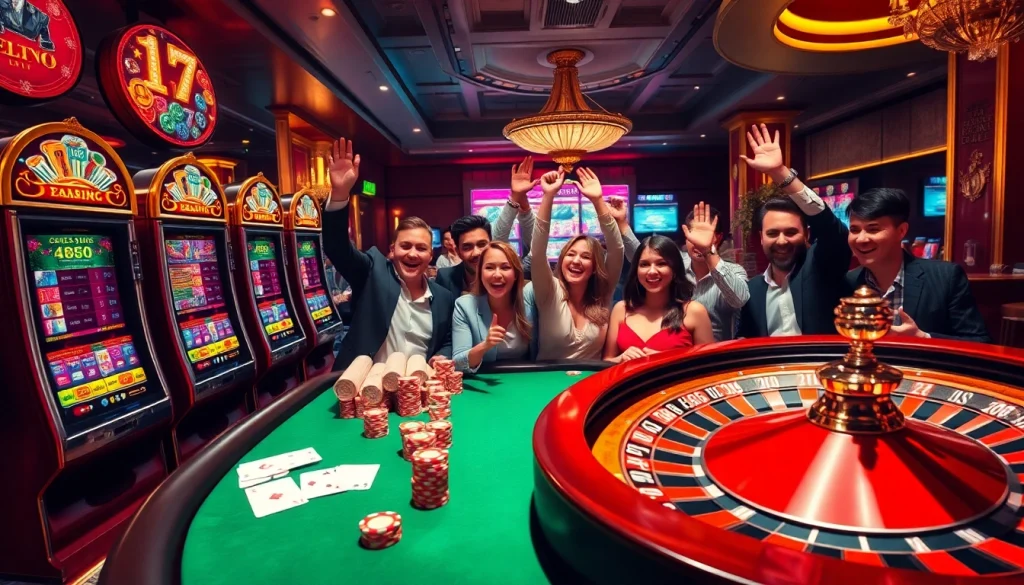 Excited gamblers at f168 okvip's luxurious casino table with poker chips and cards.