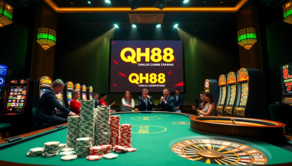 Excited players at the QH88 casino table, showcasing a thrilling gambling experience.