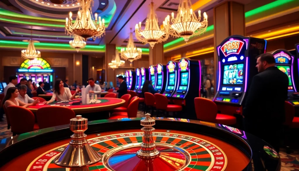 Experience the thrill of pg88 game at a luxurious casino, featuring exciting slot machines and vibrant roulette tables.