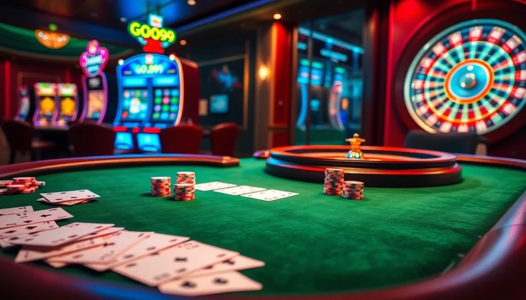 Experience GO99 with luxury casino games including roulette and poker in a vibrant setting.