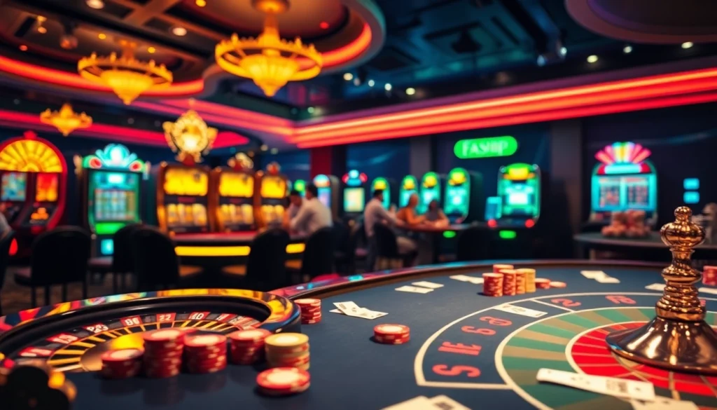 Experience thrilling gameplay at f168 okvip's vibrant casino tables, filled with poker chips and roulette wheels.