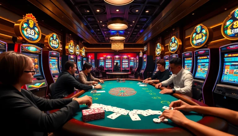 Experience the thrill of rr 88 with players engaging at a glamorous casino table surrounded by vibrant slot machines.