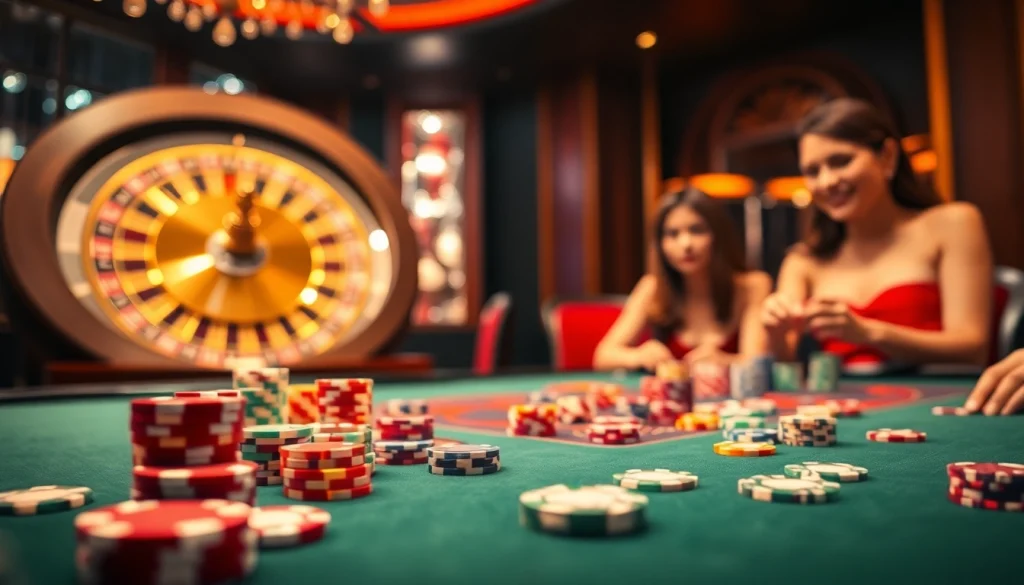 Excited players at the vn88 casino poker table with colorful chips and roulette wheel in a luxury atmosphere.