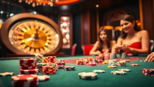 Excited players at the vn88 casino poker table with colorful chips and roulette wheel in a luxury atmosphere.