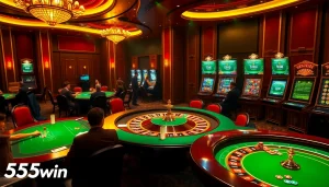 Experience the thrill of 555win at a vibrant casino with tables, cards, and illuminated slot machines.