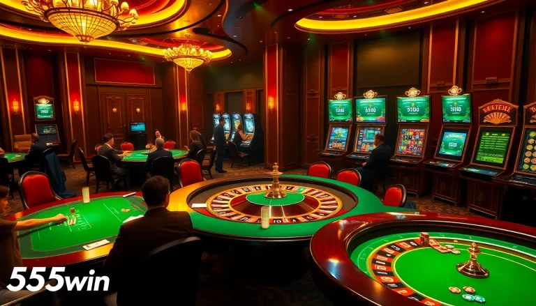 Experience the thrill of 555win at a vibrant casino with tables, cards, and illuminated slot machines.