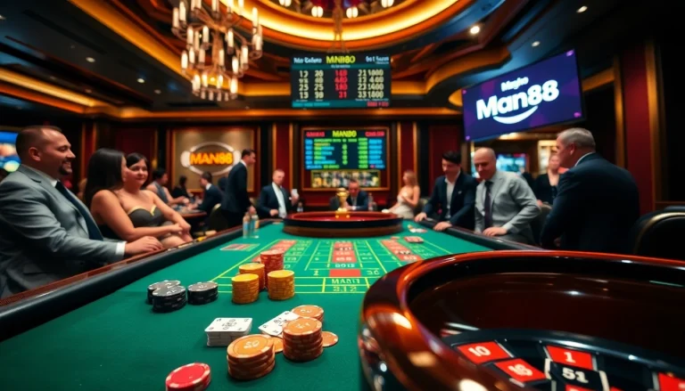 Experience high-stakes excitement at Man88's luxurious casino table with vibrant chips and cards.