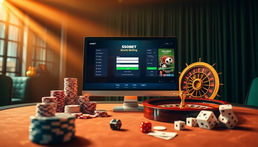 Simplified sbobet login interface on a luxurious casino setup with poker chips and sports betting elements.