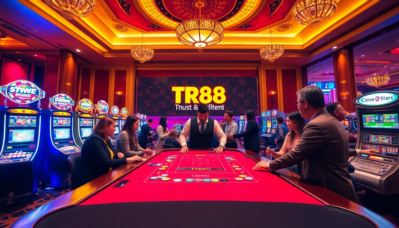 Experience the excitement at TR88 casino with dealers and vibrant slot machines.