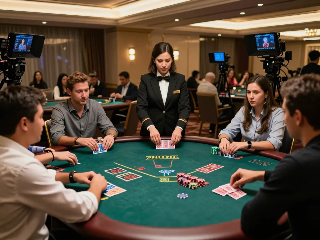 Players engaging at a live blackjack table in an upscale casino, showcasing excitement and strategy in gameplay with 8xbet.