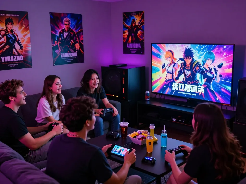 Excited friends enjoying porngames in a vibrant gaming room setting with colorful graphics.