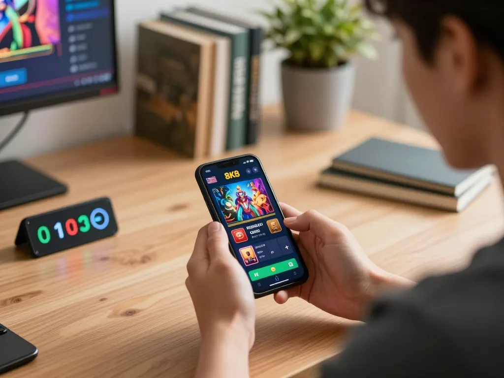 Engaged player on https://8k8.fan/ using smartphone for online casino gameplay with responsible gaming tools in view