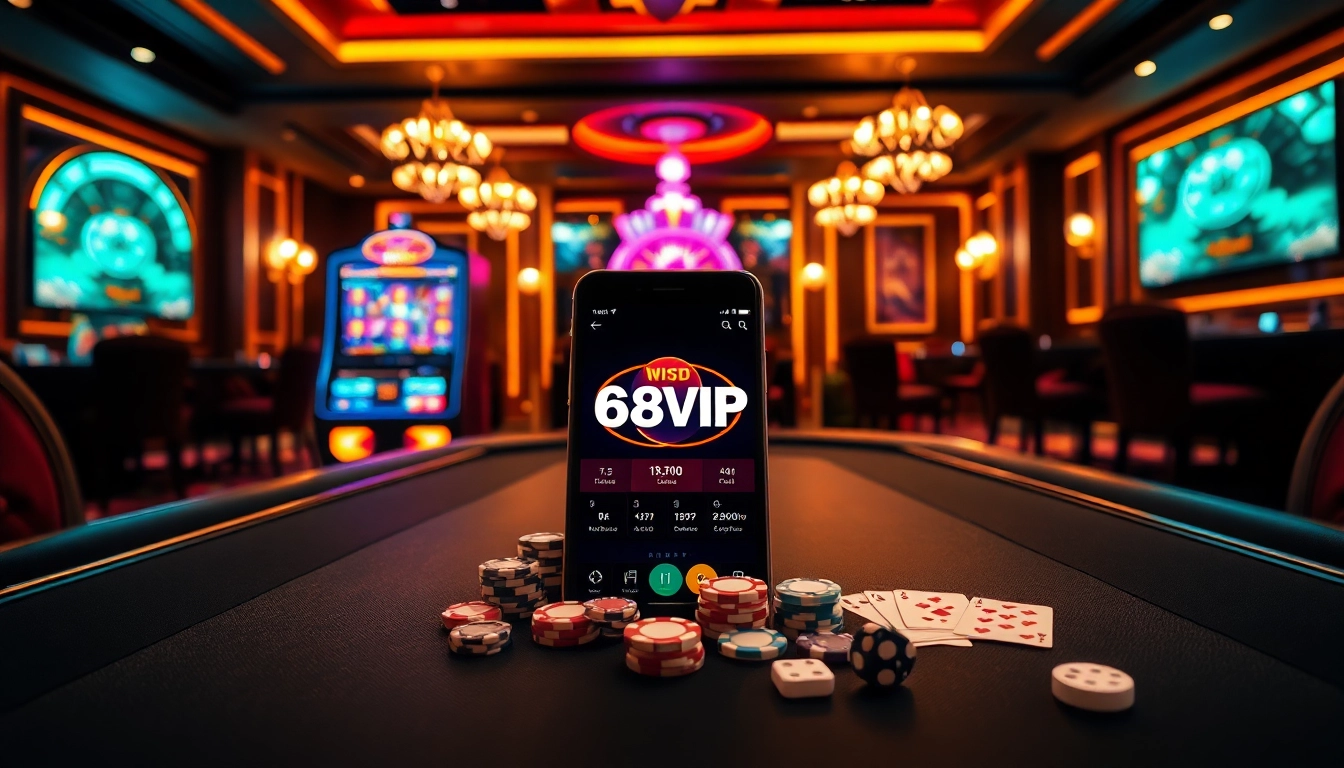 Experience Đăng Nhập Nhà Cái 68VIP with casino tables, vibrant slot machines, and poker chips.