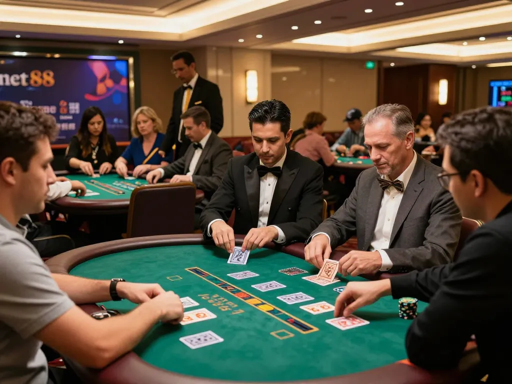 Experience the thrilling excitement of net88 at elegant blackjack tables with players and dealers engaged.