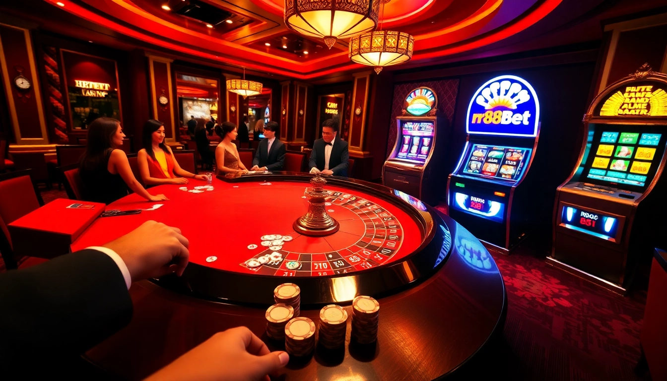 Experience thrilling gameplay with rr88bet at an elegant casino setting featuring roulette and poker.