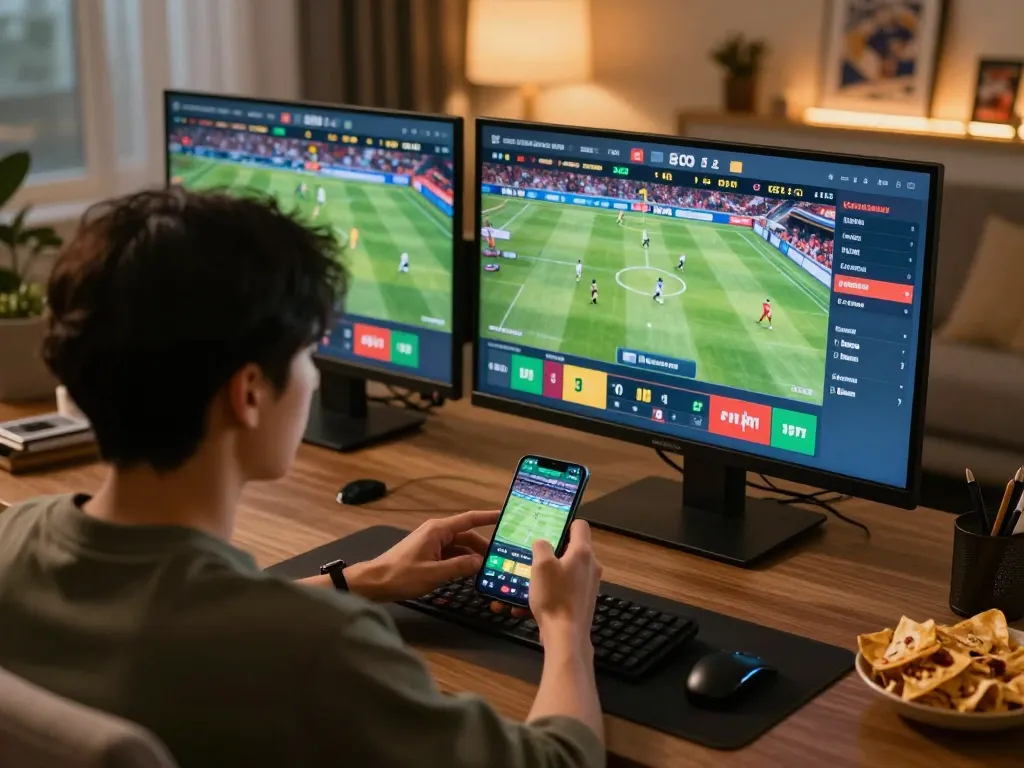 Engaging sports betting moment on kubet, user placing a live bet on smartphone in a cozy home environment.