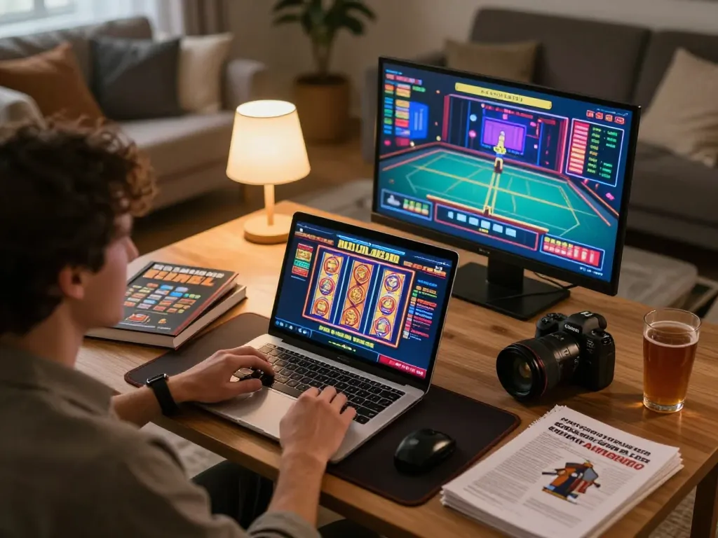 Person experiencing online gaming at ph365.cx with laptop, enjoying live dealer games and strategy notes.