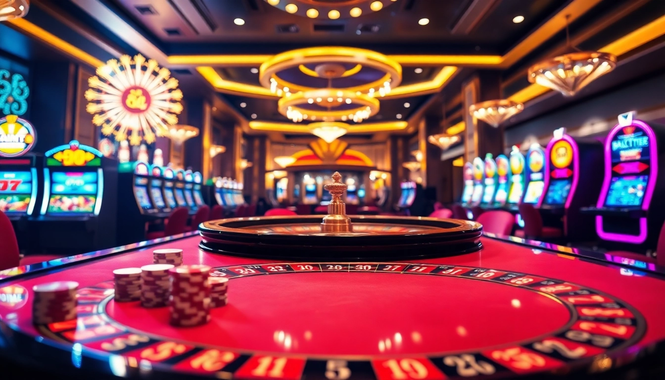 Experience the thrill of a luxury 8day casino scene featuring roulette and vibrant slot machines.