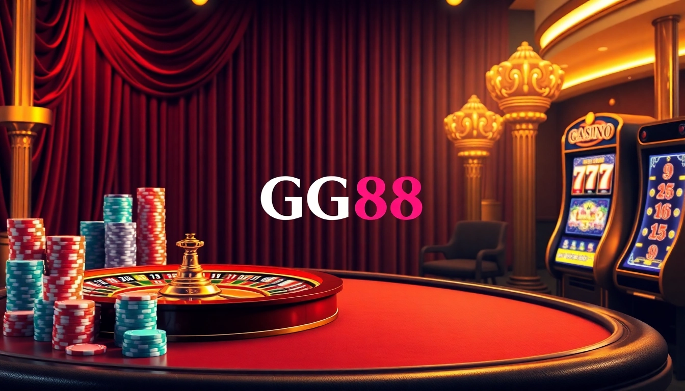 Experience excitement at GG88 casino with roulette, poker chips, and slot machines.