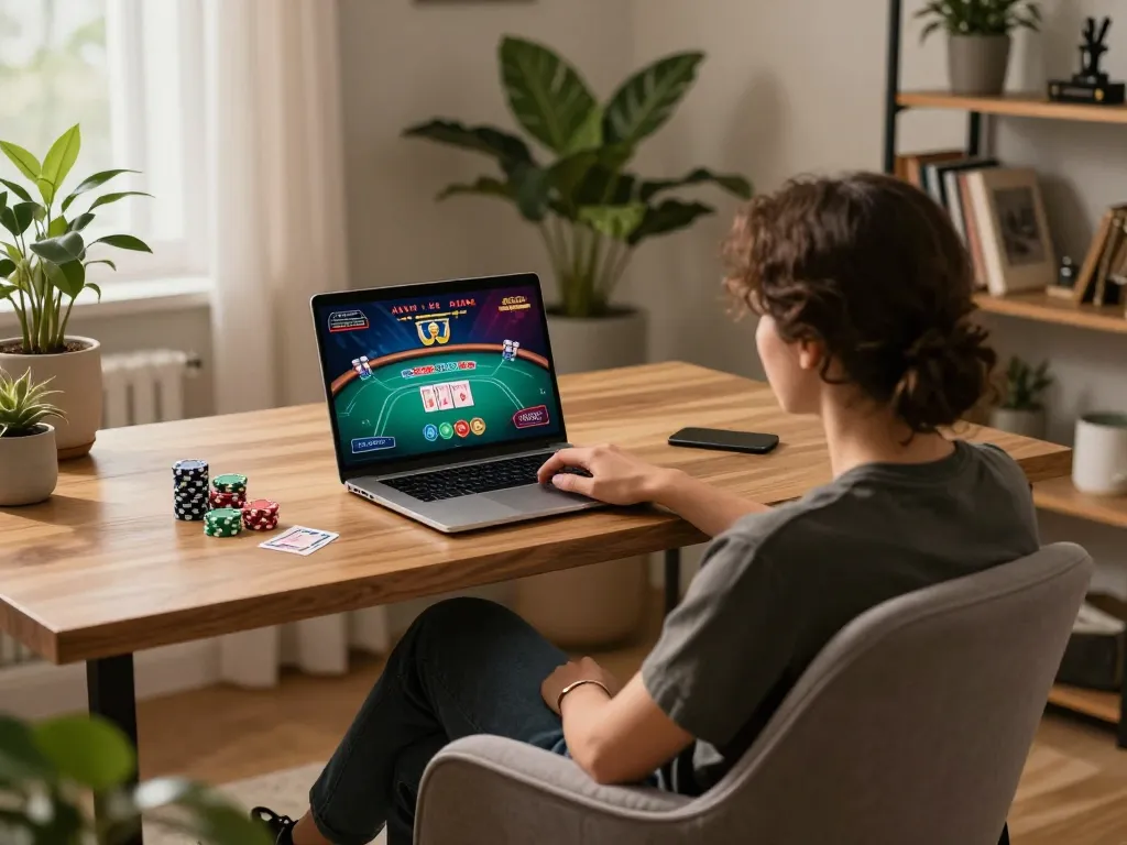 Engaging in online casino Malaysia gaming from a home office while analyzing poker strategies.