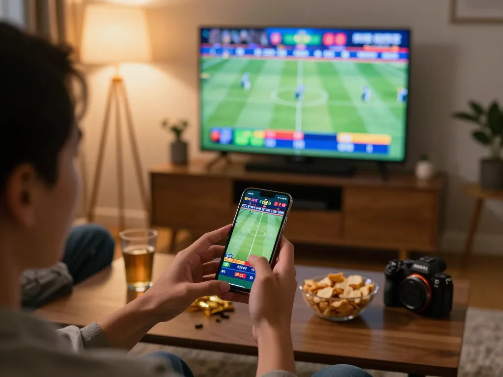 Engaging sports betting atmosphere at home, with okwin app showcased on smartphone and live match on TV