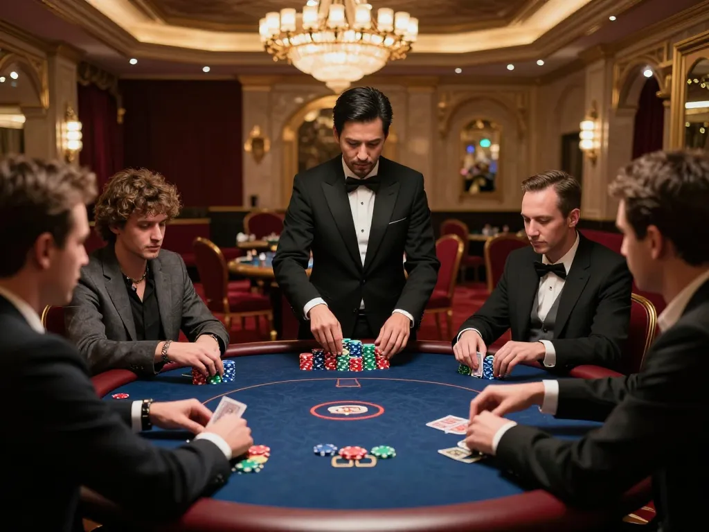 Players enjoy intense poker gameplay at 789club, surrounded by elegant casino decor and ambient lighting.